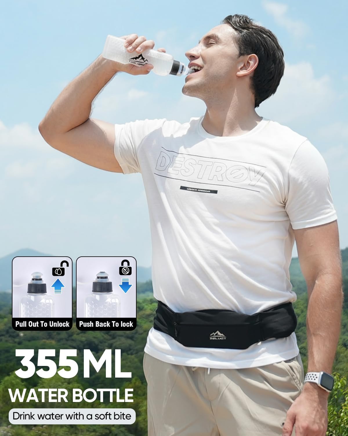 Zelvot Running Belt - Adjustable Fanny Pack with 355ml Water Bottle & Phone Holder | Waterproof for Jogging & Hiking (Black, Medium)