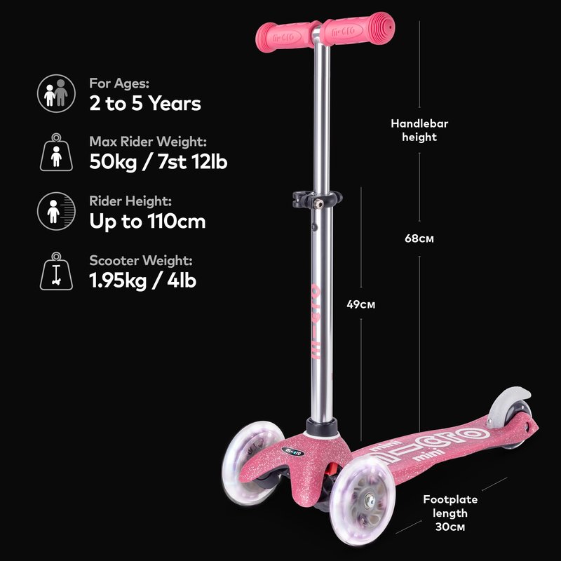 Micro Kickboard | Mini Deluxe Glitter LED Scooter | Adjustable Handlebar | Lean-to-Steer | Lightweight | Three-Wheeled | Kids Ages 2-5 yrs (Glitter Pink)