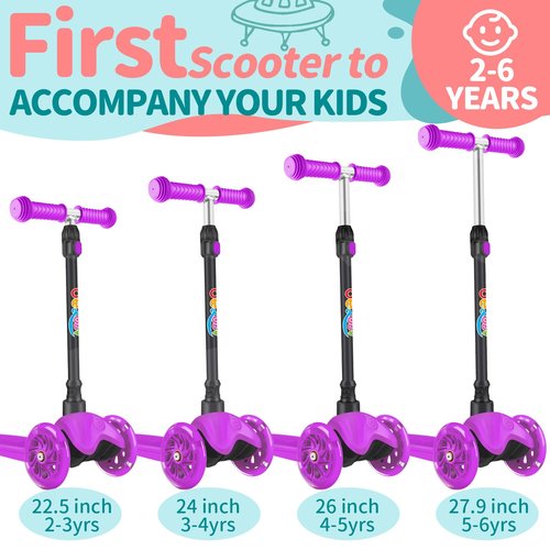 BELEEV A1 Scooter for Kids Ages 2-6, 3 Wheel Scooter with Light-Up Wheels, Non-Slip Deck, Adjustable Handlebar Height, Lean to Steer, Wide Platform, Purple