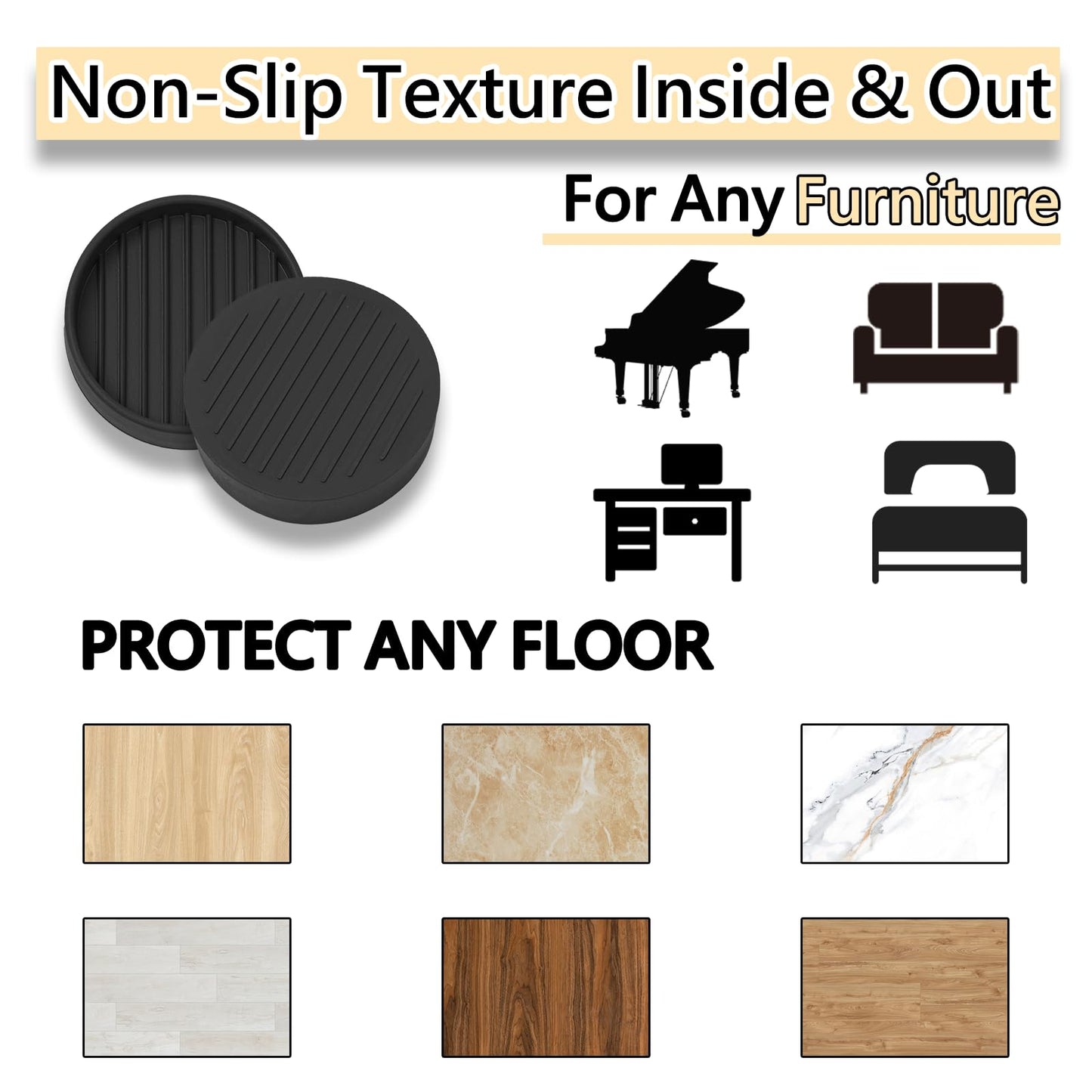 3x3 Round Rubber Furniture Caster Cups, Anti-Sliding Furniture Pads Bed Stopper Floor Protectors with Grip - Protect Any Flooring