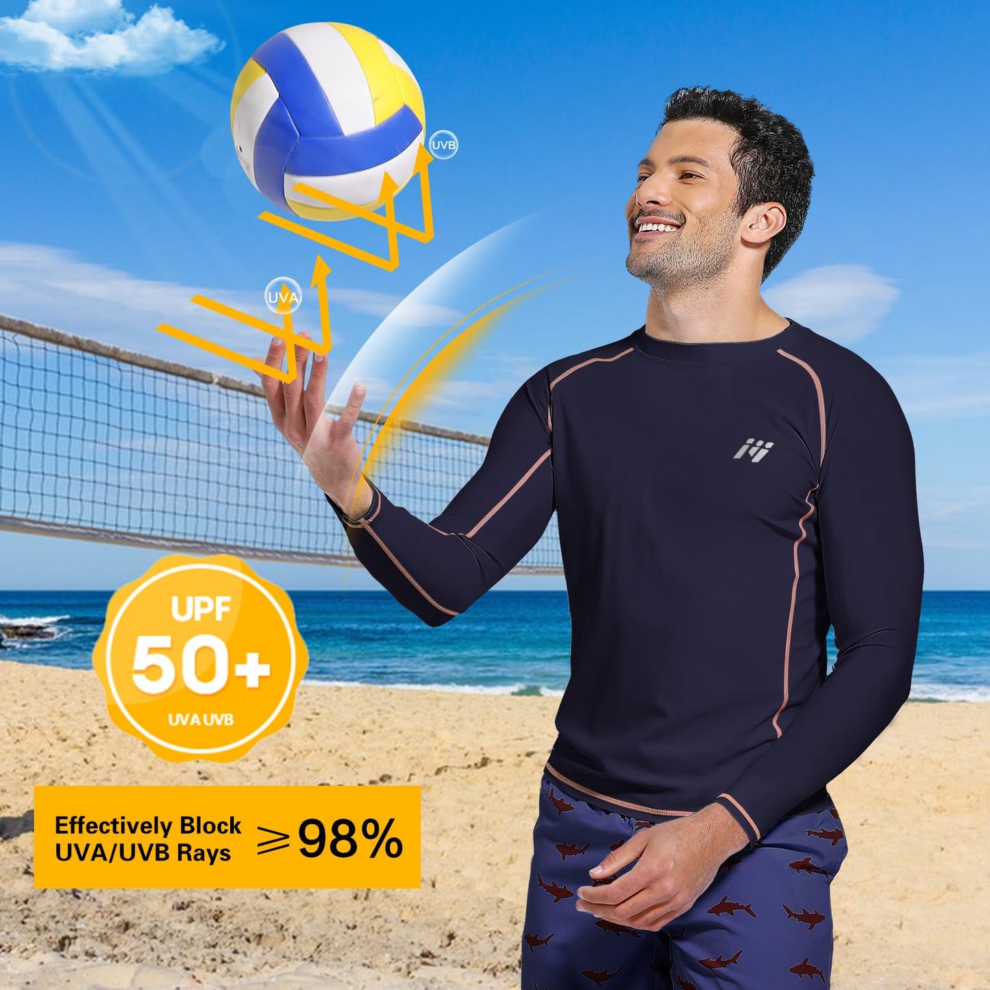 Sun Protection Swim Shirts for Men: SPF UPF 50+ UV Long Sleeve Rash Guard for Fishing Hiking Running Workout Athletic Navy Blue
