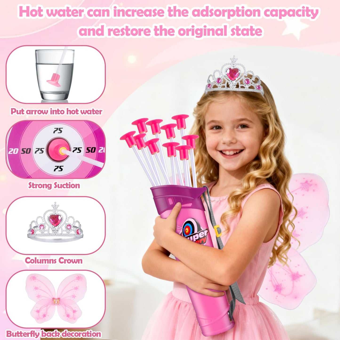 OWNONE 1 Pink Bow and Arrow Set for Girls, LED Light Up Archery Set with 10 Suction Cup Arrows, Target, Fairy Wings & Princess Crown, Birthday Gift Outdoor Toys for Kids Girls Ages 3-12