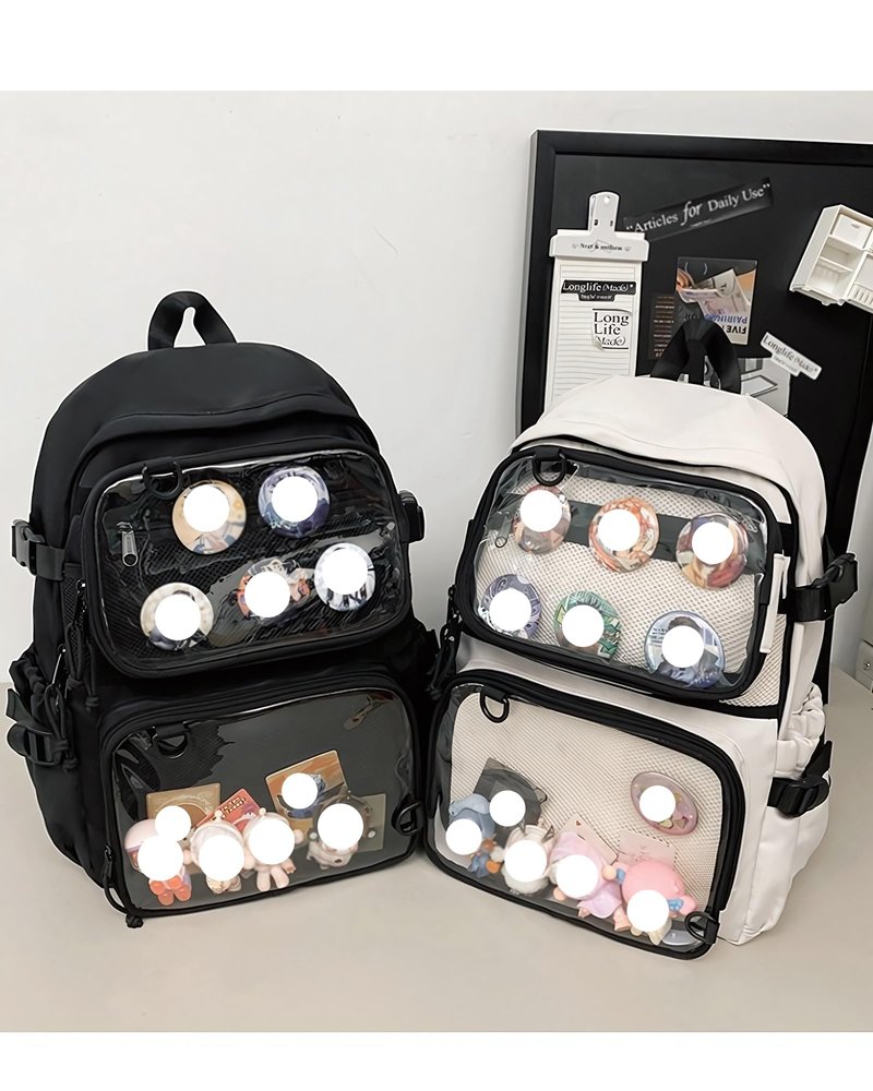 VOUSXLLEZ Ita Bag Backpack Double Window Pins Bag with insert, Backpack for Cosplay and Concert(Pins NOT Included) (Black)