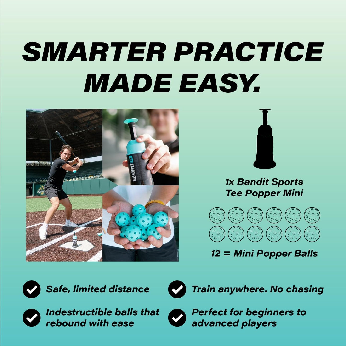Bandit Sports Baseball Training Tee Popper Mini Bundle, Hitting Tee for Perfect Swings, Batting Equiptment for Practicing Hitting Without a Pitcher (Mini Popper Balls 12 Pack Included)