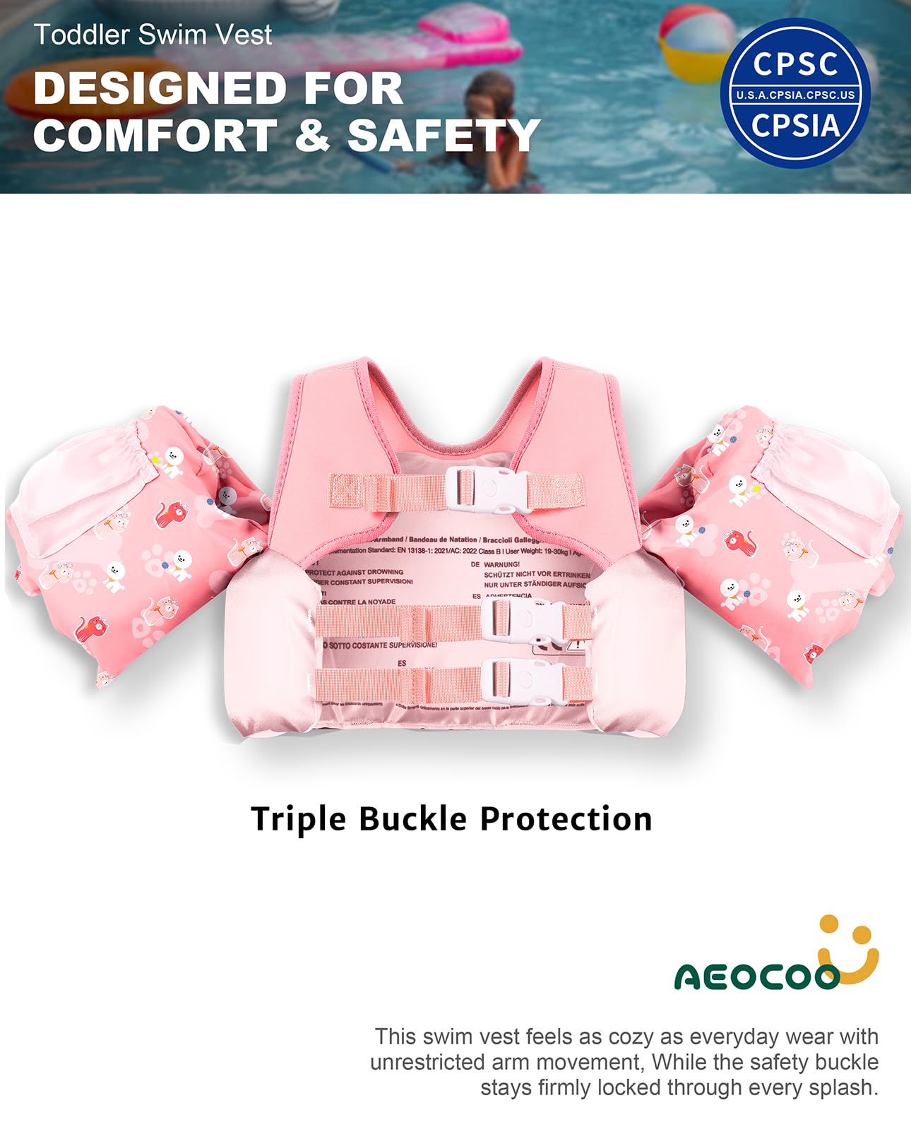 AEOCOO Puddle Float Jumper 20-30 Pounds, Toddler Swim Vest for 1-2 Years Old, Pool Floats with Swimming Arm Floaties Swim Jacket with Water Wings for Kids Swimmies, Boys, Girls, Niños, Puppy