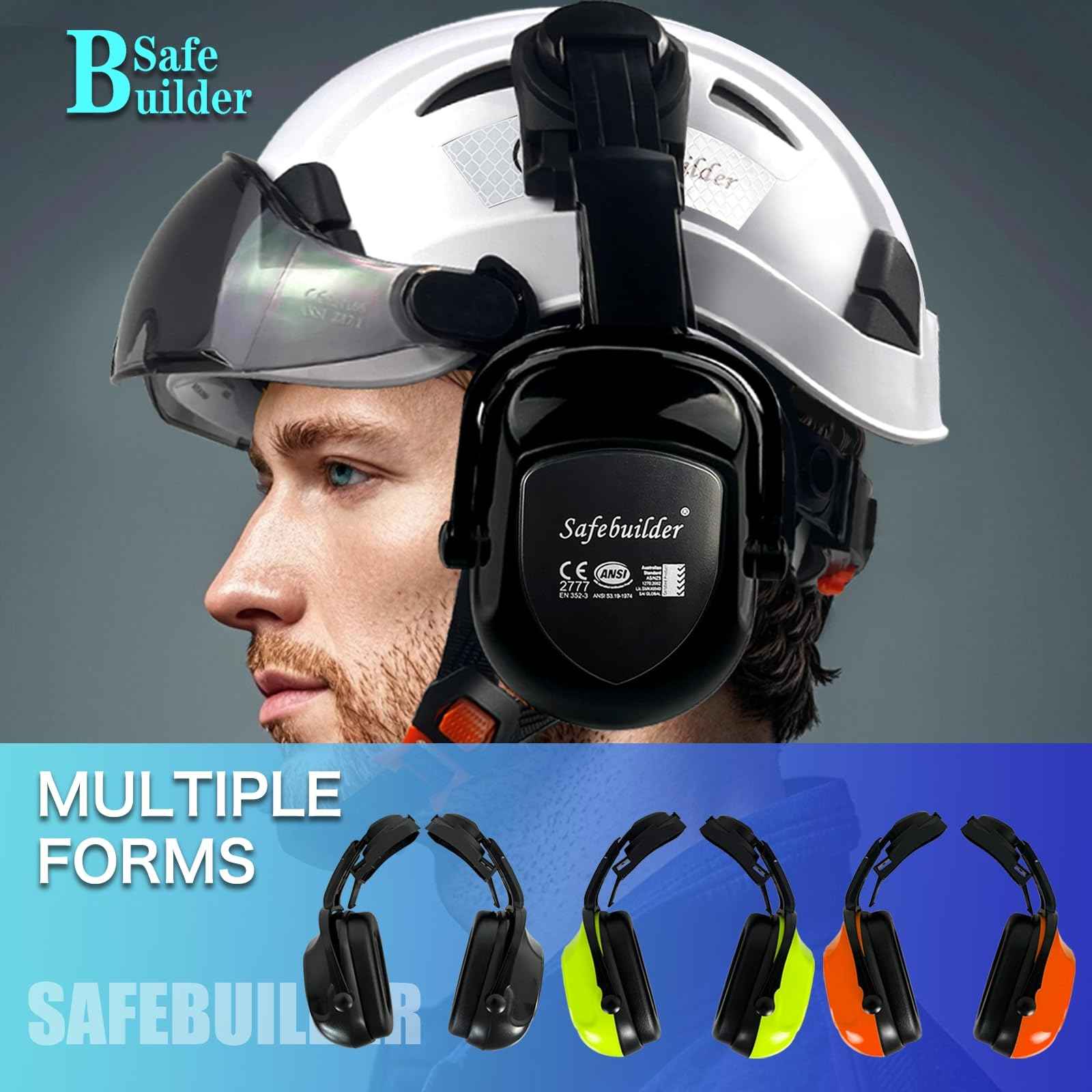 SAFEBUILDER 30dB Ear Muffs Hard Hats Type Safety Earmuffs For Safety Helmet Noise Cancelling Earmuffs Noise Reduction (Helmet Type Black 07E Ear Muffs)