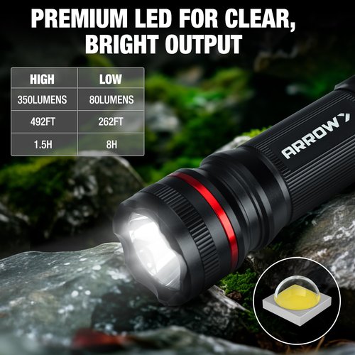 Arrow LED Flashlight 350 Lumens, Bright Flash Light with High/Low/Strobe Modes, Pocket-Sized Handheld Flashlights for Outdoor, Camping, Repair, or Emergency Use, 3 AAA Batteries Included