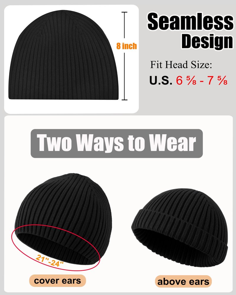 ROYBENS Wool Beanie for Men Women, Seamless Knit Warm Winter Hat Cuffless Soft Trawler Fisherman Beanies Watch Cap Skull Caps
