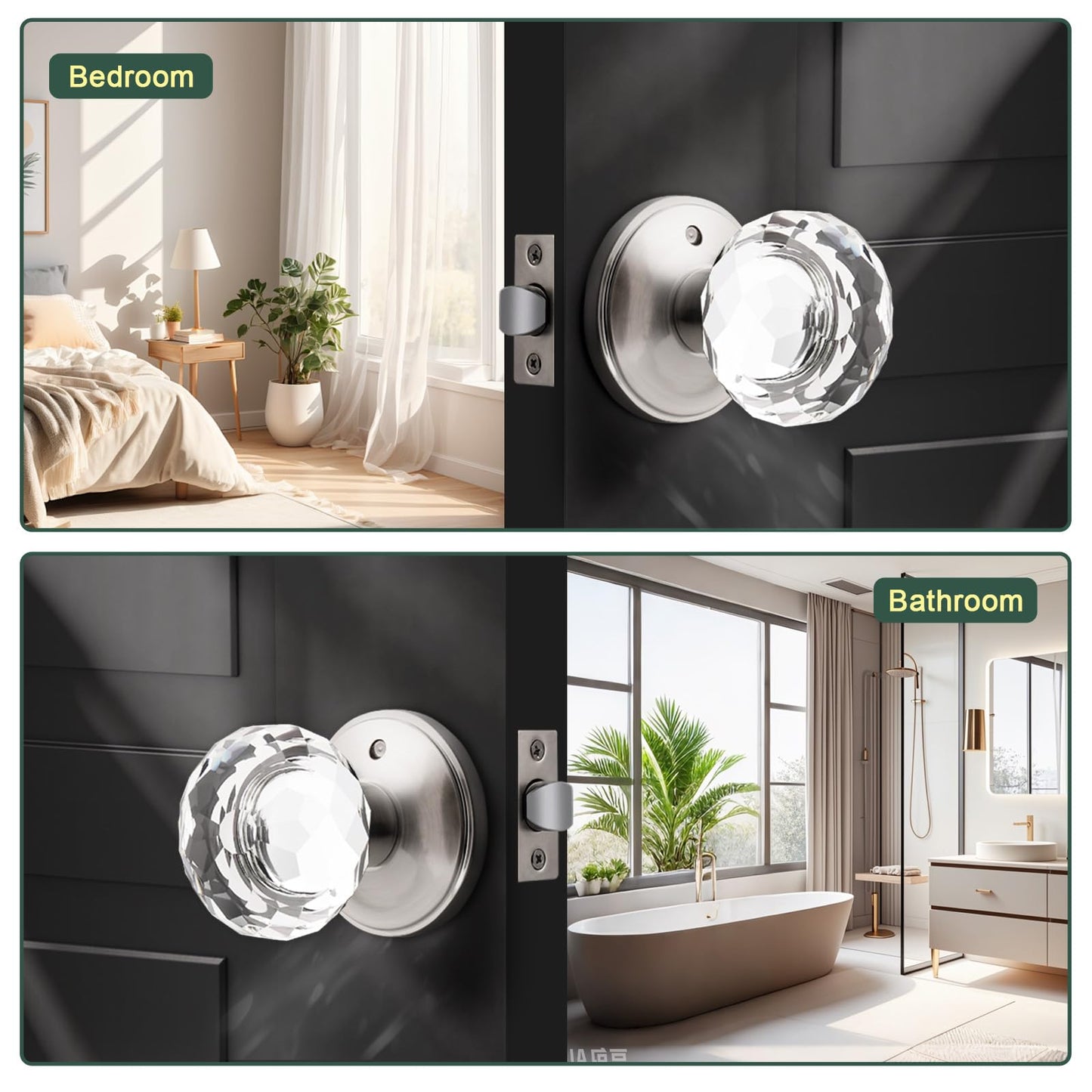 Lepushom 5 Pack Crystal Door Knobs Interior, Elegant Satin Nickel Glass Door Knobs, Keyless Privacy Door Locks for Bedrooms and Bathrooms