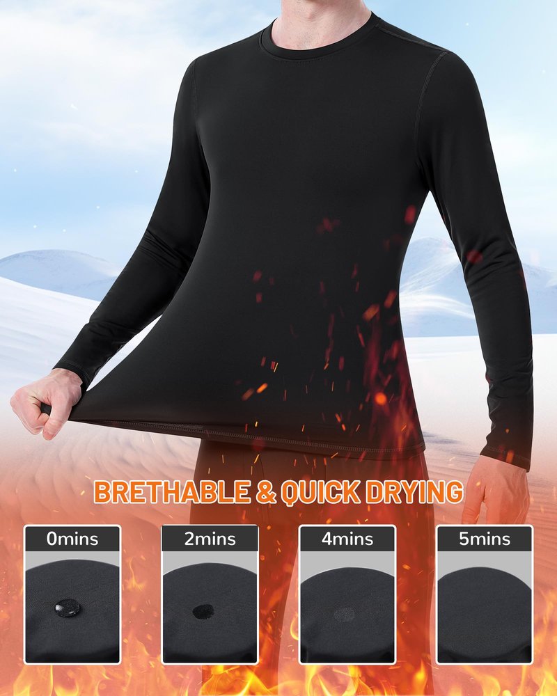 Runhit Thermal Underwear for Men Fleece Lined Long Johns Base Layer Top Bottom Set Cold Weather Gear Hunting Running Skiing Cycling Black M