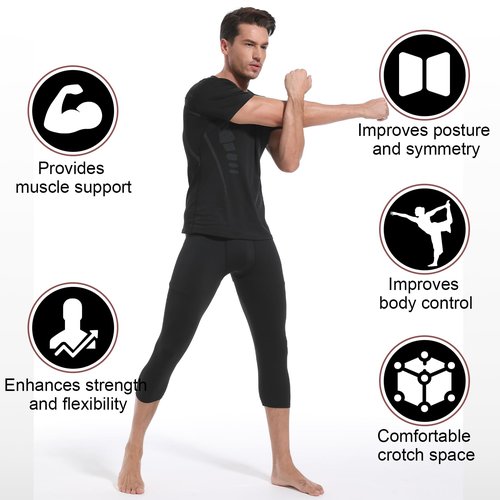 POTAMOCA 3 Pack Men's 3/4 Compression Pants, Cool Dry Workout Athletic Leggings, Running Tights Capri Yoga Football Gym Base Layer Underwear, Black Large