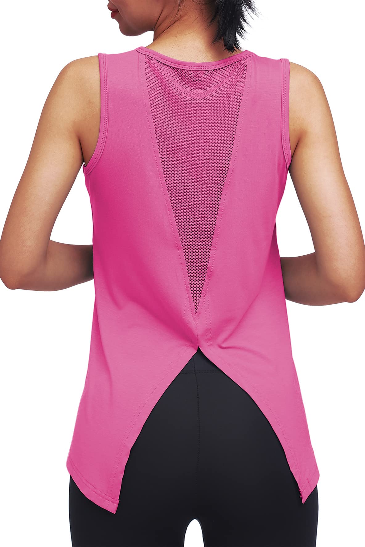 Mippo Workout Tops for Women Yoga Shirts Mesh Tie Back Tank Workout Tennis Shirts Sport Clothes Active Wear Fuchsia L