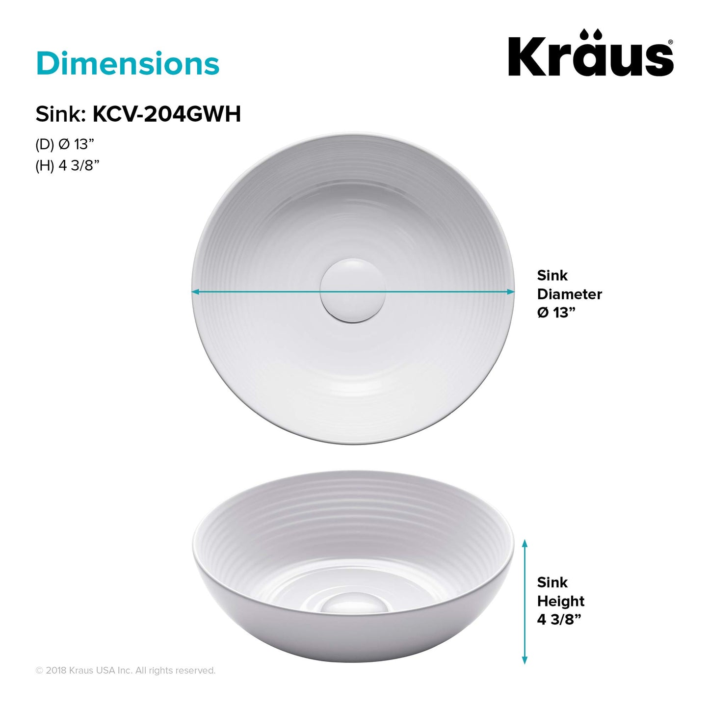 KRAUS Viva™ Round White Porcelain Ceramic Vessel Bathroom Sink, 13 in. D x 4 3/8 in. H, KCV-204GWH