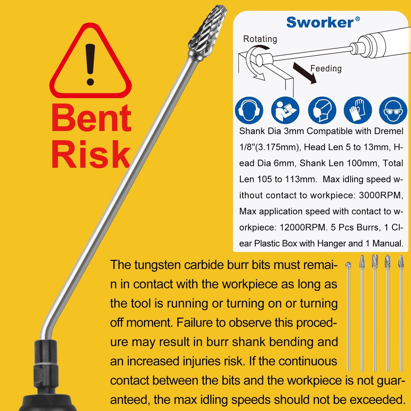 Sworker 5Pcs Long Carbide Burr Set 1/8" Shank Total L 4.4" Compatible with Dremel Die Grinder Bits Cut Port Grind Metal Cast Iron Steel Aluminum Cylinder Head Engine Intake Exhaust Manifold Tight Area