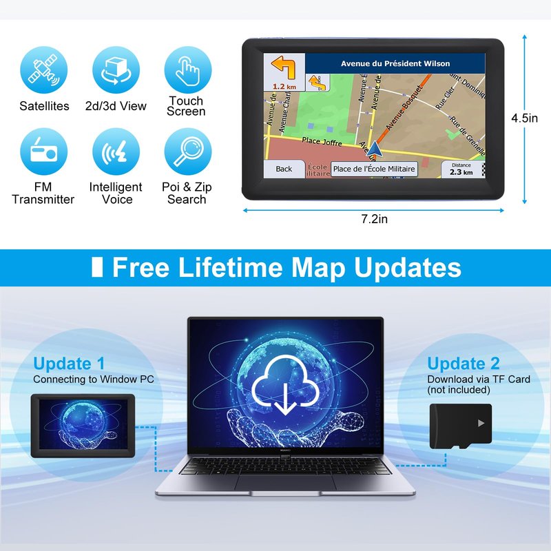 7" GPS Navigator for Car Truck RV, Car GPS Navigation System with 2026 Maps, Lifetime Free Updates, Voice Guidance, Speed & Red-Light Camera Alerts, Custom Truck Routing (Blue)