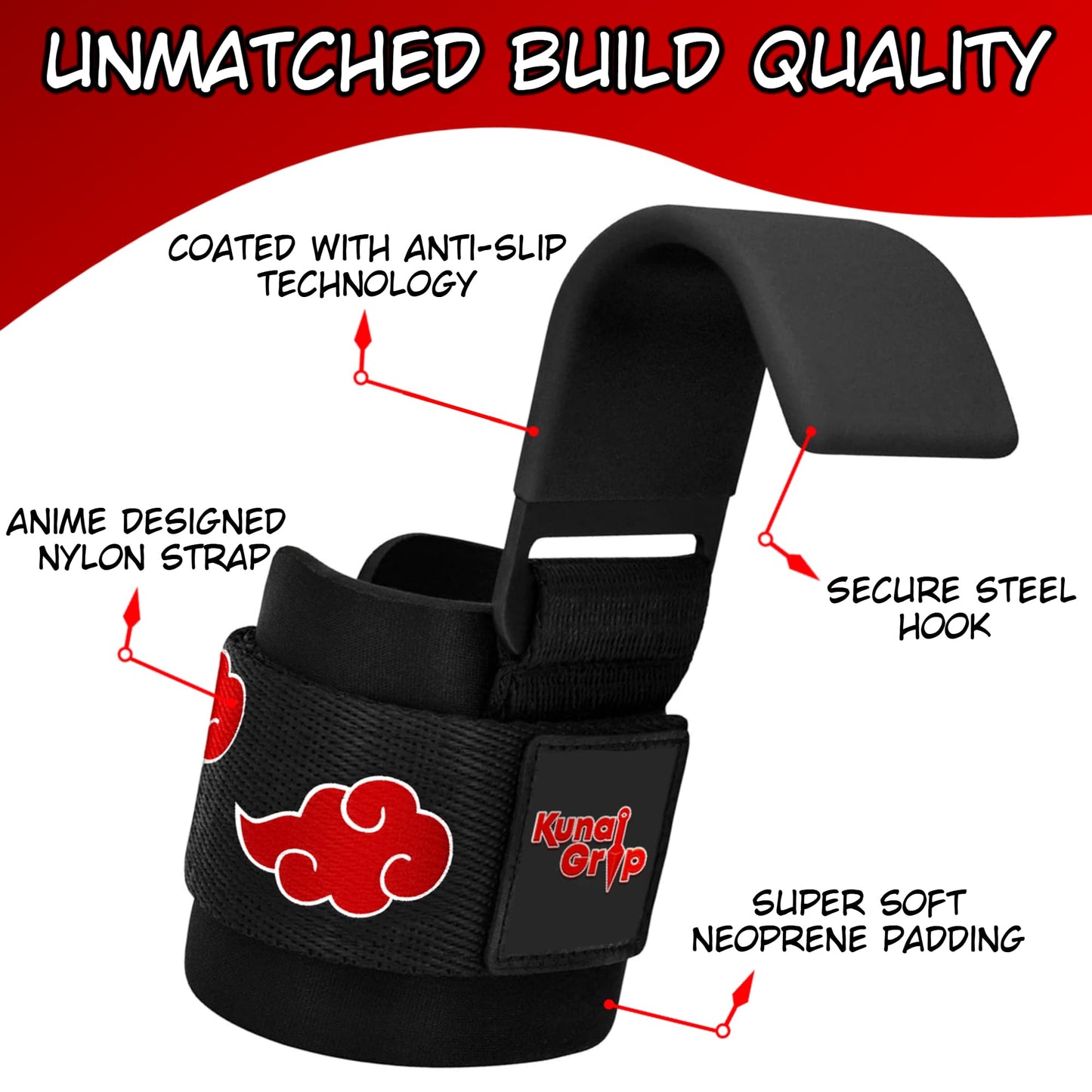 Kunaigrip Anime Weight Lifting Hooks (Pair) with Heavy Duty Wrist Straps for Men and Women - Ultimate Grip Support for Deadlifts, Pull Ups, Powerlifting, Shrugs and More