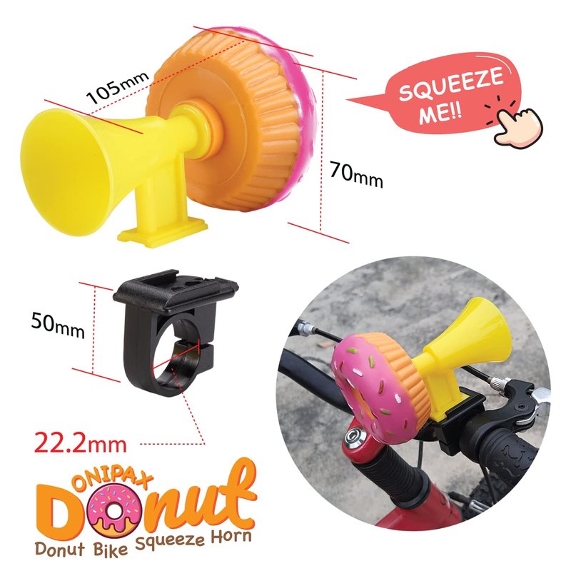 ONIPAX Donut Bike Squeeze Horn, Soft Rubber Handlebar Mount Cute Bicycle Honk for Kids, Boys, Girls and Toddlers, Pink & Brown