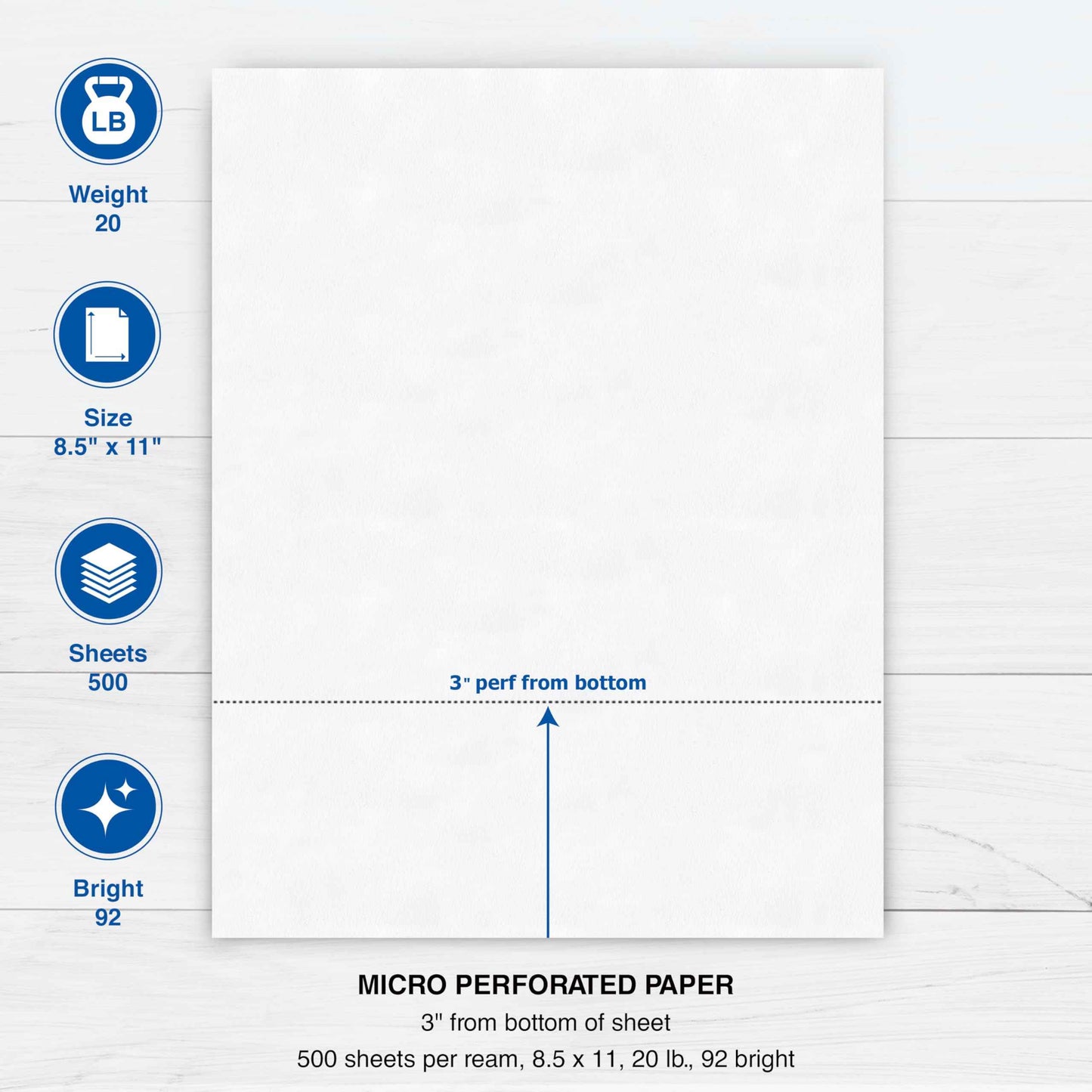 PrintWorks Professional 3" Horizontal Perforated Paper 8.5” x 11” - Perfect For W-2, 1099, & Statement Use - Made in the USA - 500 Sheets - 20 lb - Printer Compatible - White (04167)