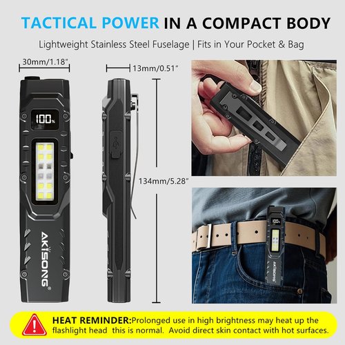 EDC Tactical Flashlight, 1200lm Flat LED Small Flashlight Rechargeable, Dual-Switches with Lock-Out & Clip, Digital Display Stainless Steel Compact Pocket Flash Light for Emergency, Camping (Black)