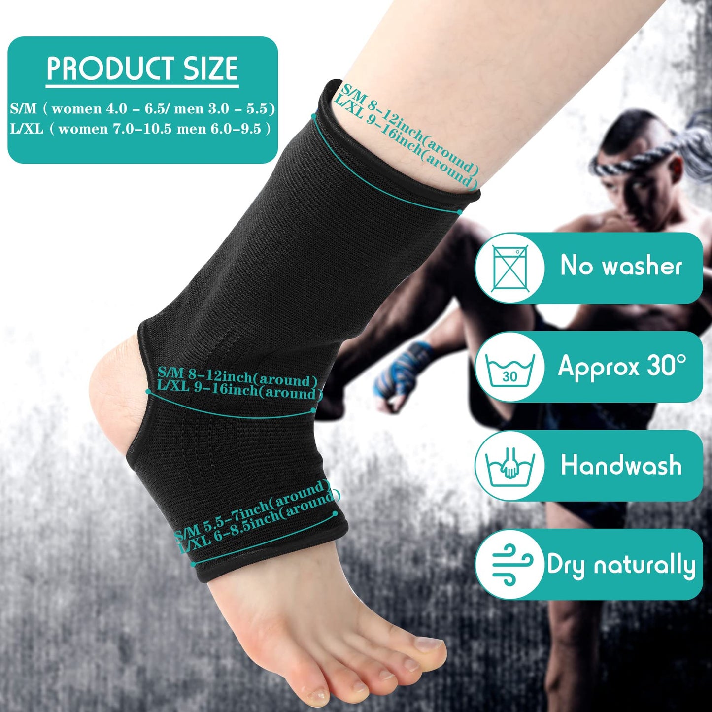 Geyoga 2 Pairs Muay Thai Ankle Support Compression Ankle Sleeve Boxing Foot Braces for Men Breathable Women Foot Wraps Support for Martial Arts Kickboxing Gym Running, L Size(Black)