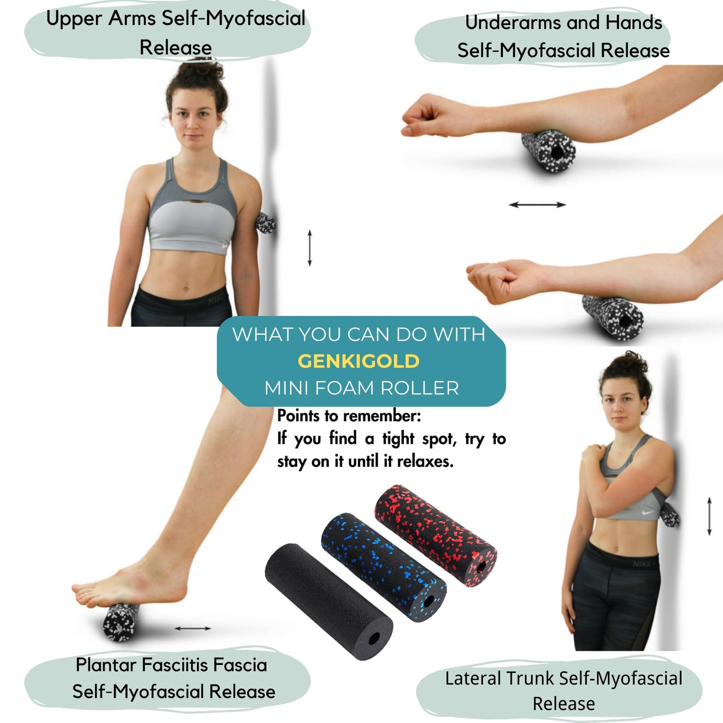 Genkigold Mini Massage Foam Roller High Density - 100% Recycled Non-Toxic Material - Portable Pocket-Sized for Travel - Foot Arch,Legs & Arms Pain Target - Waterproof and Durable 15x6cm(Black)