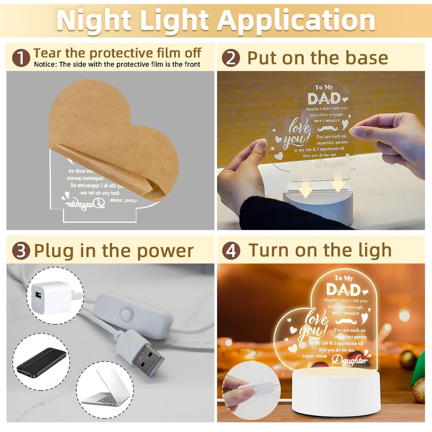 Gifts for Dad- Delicate Dad Birthday Gifts from Daughter Son - Acrylic Night Light LED Bedside Lamp - Ideal Thanksgiving Fathers Day Birthday