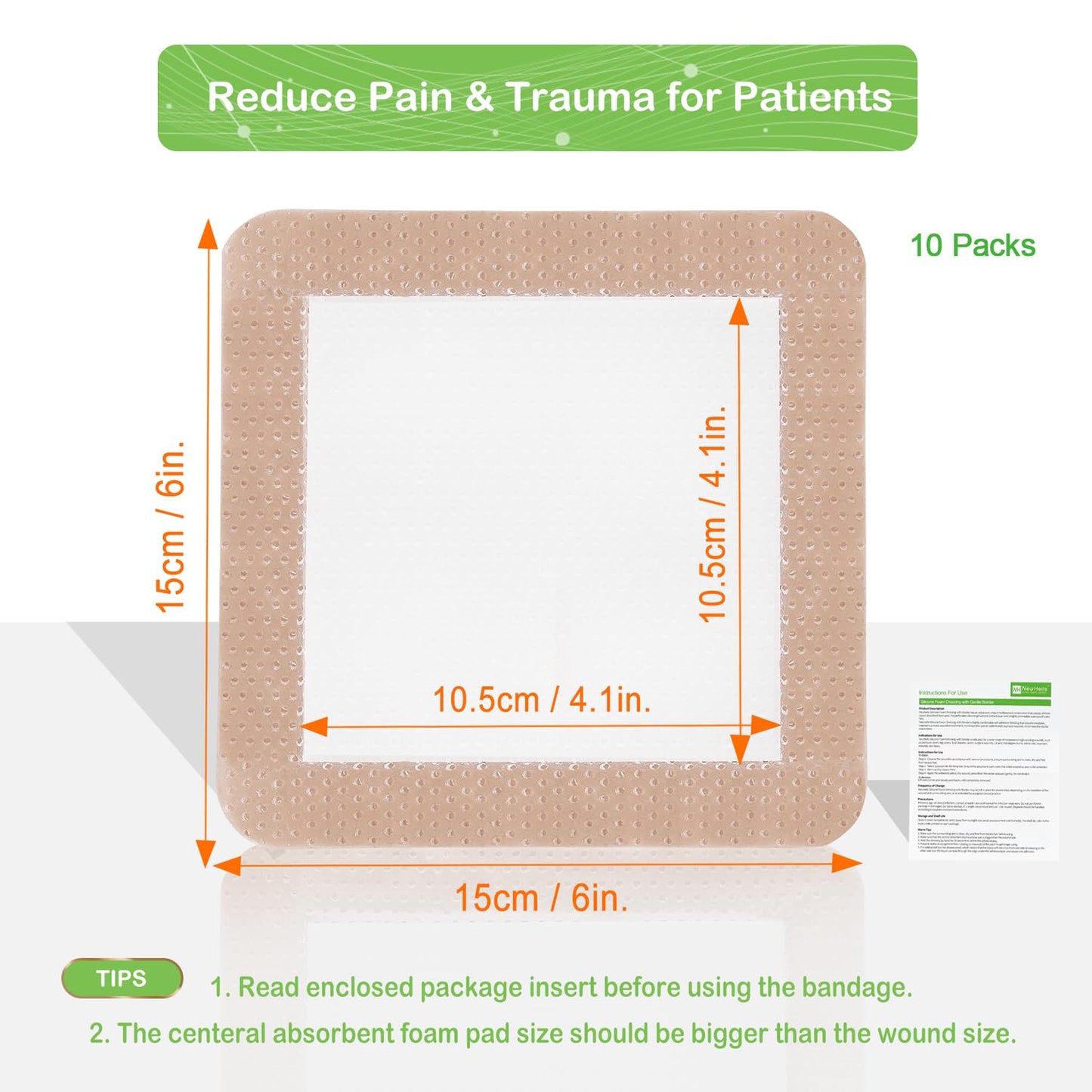 Silicone Adhesive Foam Dressing with Gentle Border 6''x6'', 10 Packs for Bed Sore Leg Ulcer, High Absorbency Waterproof Silicone Wound Bandages by NeuHeils