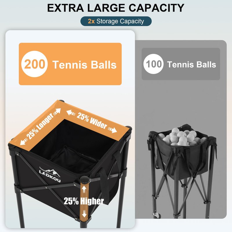 Ladkou Extra Large Tennis Ball Hopper, Holds 200 Balls, Foldable Tennis Ball Basket with Wheels & Removable Bag, Lightweight Pickleball Caddy Cart for Baseball/Softball, for Training/Teaching, Black