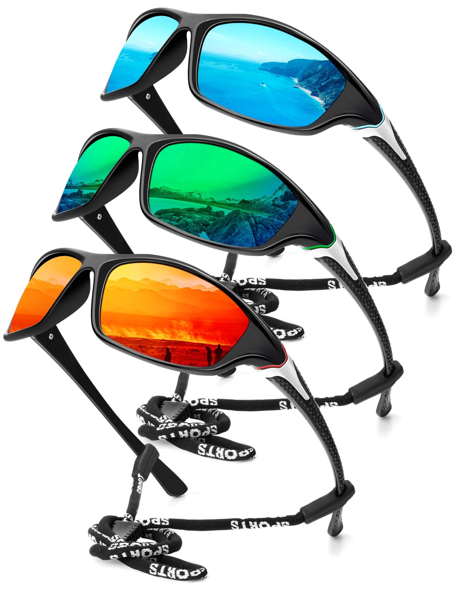 KALIYADI Sports Polarized Sunglasses Men UV400 Protection for Fishing Driving Cycling, Blue/Green/Red, 3 Pack