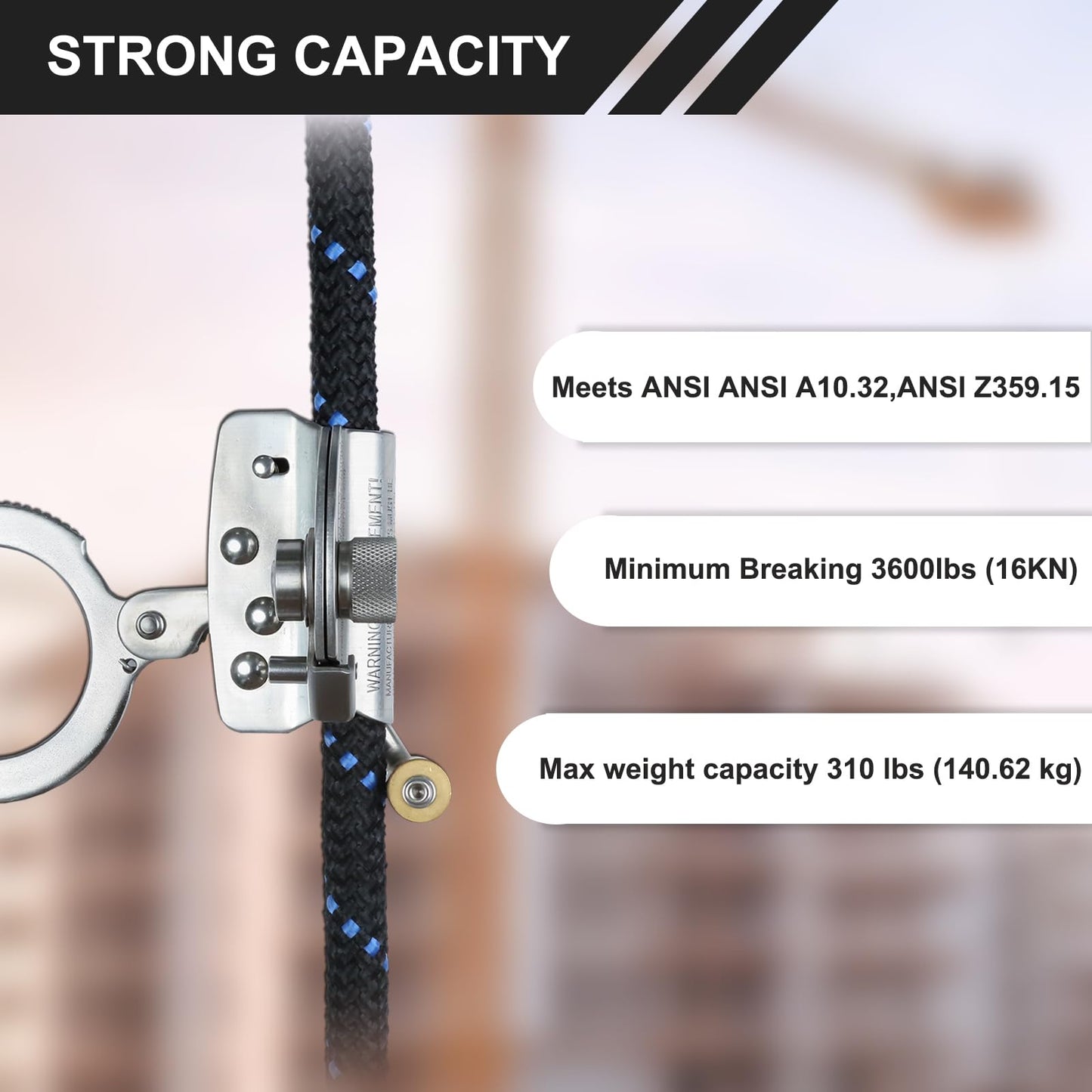 FHFallArrest Stainless Steel Anti Panic Trailing Rope Grab, for 5/8" Rope Diameter Fall Protection
