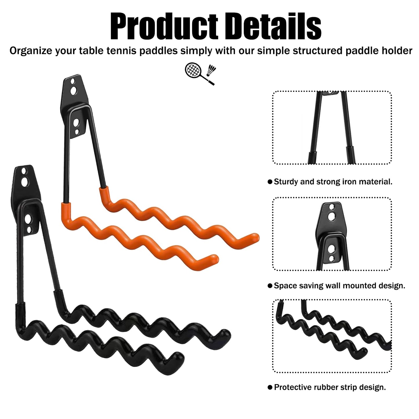 2 Pack Tennis Racket Holder, Wall Mounted Tennis Racket Storage Rack, Badminton Racket Stand for Badminton Rackets Tennis Rackets Table Tennis Rackets with Hardware and Anti-Scratch Silicone Tube