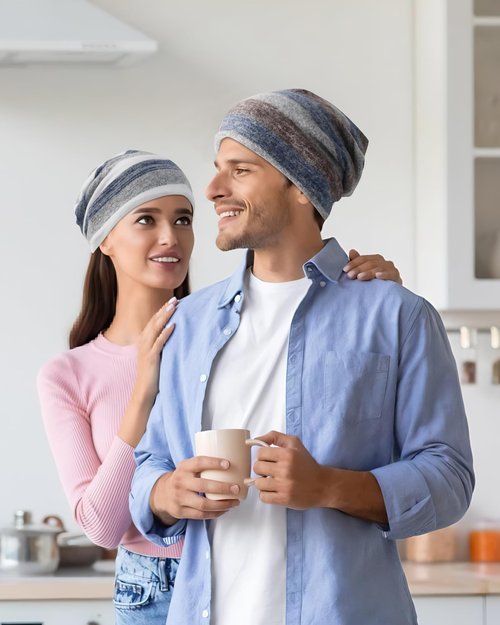 Slouchy Beanie Chemo Hats for Women Men Head Scarf Curly Hair Sleep Head Wraps for Cancer Patient (US, Alpha, One Size, 2 Pack White Blue)