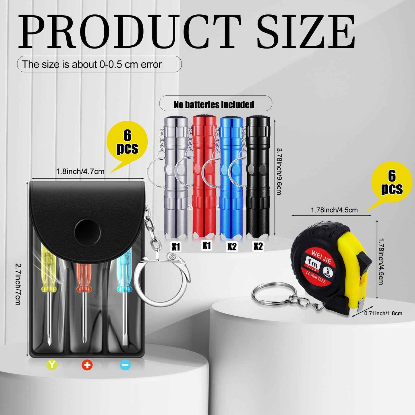 Quelay 18 Pcs Mini Screwdriver Tape Measure Keychains LED Lights Keychain Set Tool Party Favors Mini Hand Tool Adult Prizes Pinata Stuffers Christmas Bulk Gifts for Men, No Batteries Included