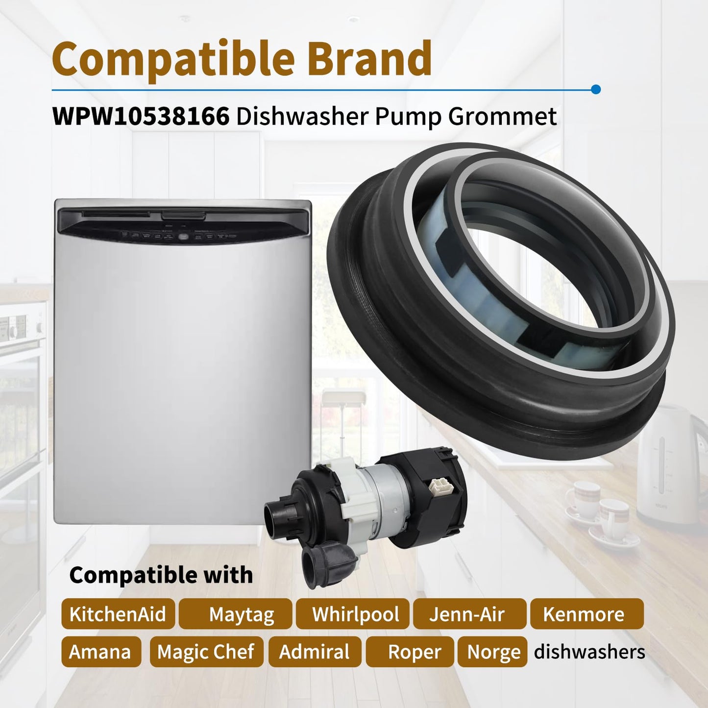 WPW10538166 Dishwasher Circulation Pump Inlet Grommet, Replaces AP6022761 PS11756098 W11182008 3021506 EAP11756098 Compatible with KitchenAid Maytag Whirlpool Jenn-Air Kenmore Amana Dishwashers