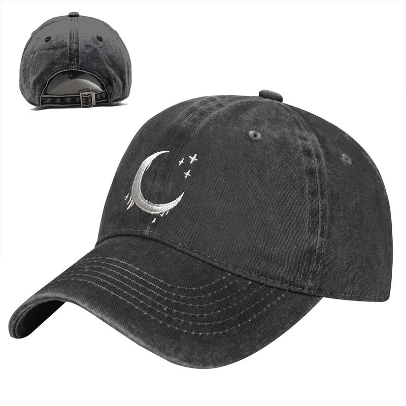 ANSGSD Goth Crescent Moon Hat, Adjustable Embroidered Washed Baseball Cap for Men Women