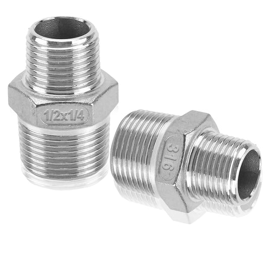 Dnkoua 2-Pack 316 Stainless Steel Reducing Hex Nipple, 1/2" NPT Male x 1/4" NPT Male Pipe Fitting Adapter - Corrosion Resistant Reducer Connector for Plumbing, Hydraulic Systems (1/2" to 1/4")