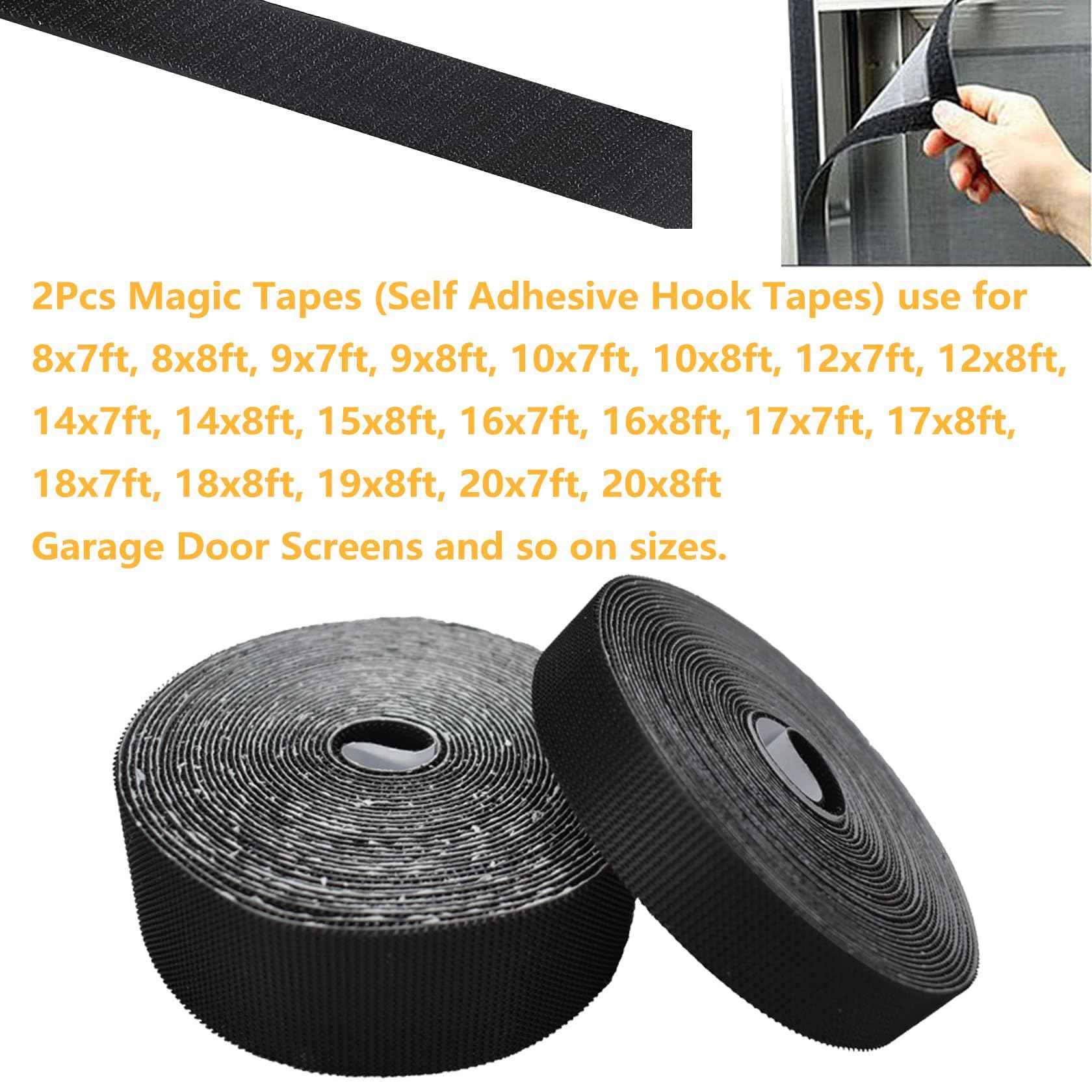 YoFuZiHu [2 Packs] Magic Tapes for 1 or 2 Cars Garage Door Screen, Self Adhesive Hook Tapes Sticky Back Fastening Roll, Nylon Strips Fastener, 1.57'' x 19.7ft (W x L) & 0.78'' x 19.7ft, Black