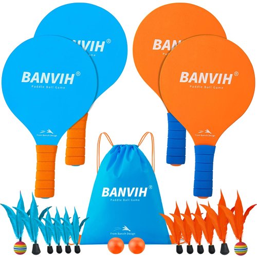 Banvih Badminton Set 4 Rackets - Beach Games & Yard Games for Adults and Family, Outdoor Games for Kids 8-12, Paddle Ball Set with Birdies, Lawn & Camping Games, Beach Toys for Summer Fun