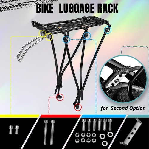 Flexzion Adjustable Bicycle Carrier Rack, 110lb Capacity, Black - Back Bike Cargo Rack, Aluminum Rear Seat Post Bike Rack Caddy for 26-28 Inch Wheels with Hardware Included