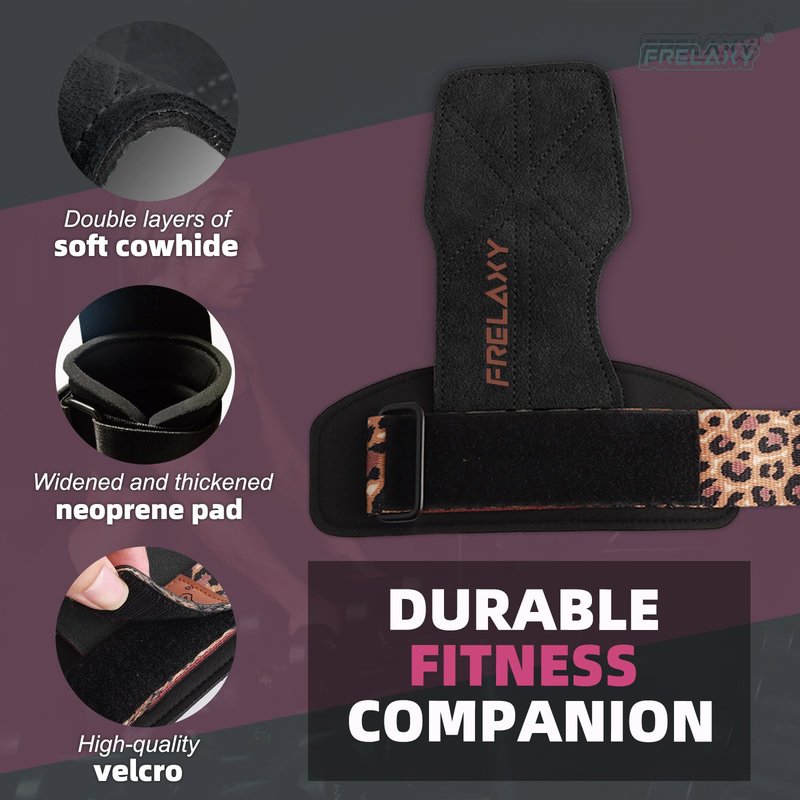 Frelaxy Lifting Wrist Straps Women and Men, Weight Lifting Grips with Cushion Wrist Loop, Double Layer Leather and Storage Pouch, Gym Workout Straps for Deadlift and Powerlifting (Black/Leopard)