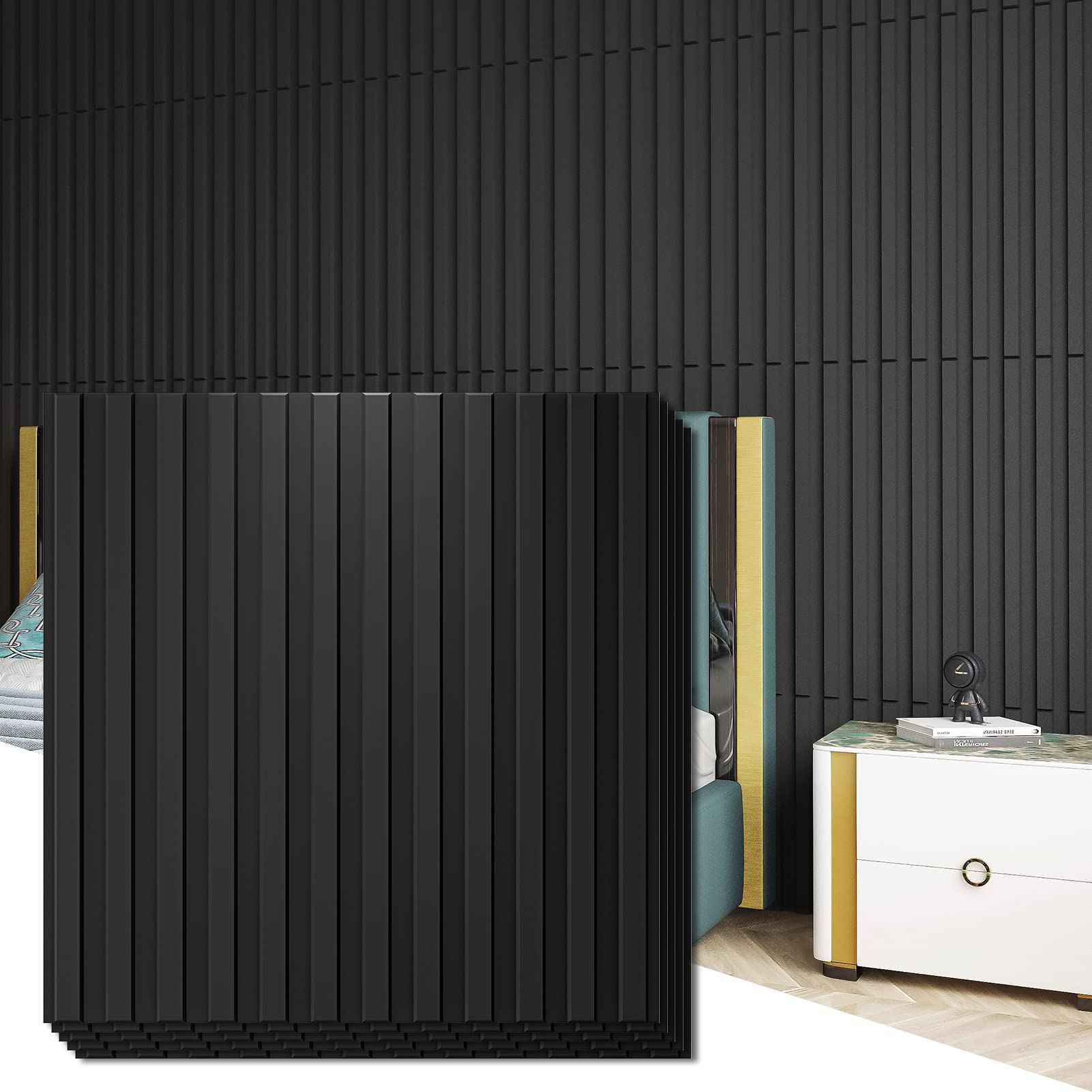 Art3d Slat Wall Panel, 3D Fluted Textured Panel 12-Tile 19.7 x 19.7in. - Cover 32 Sq.Ft., Black
