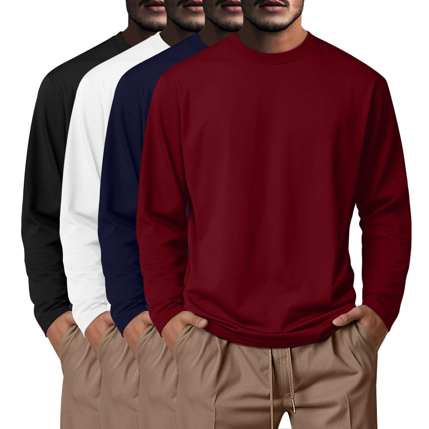 Neer 4 Pack Mens Big and Tall Shirts Cotton Long Sleeve Crewneck Casual Tops Plus Size Basic Tee Shirts Multipack(Black, White, Navy Blue, Wine Red,5X-Large)