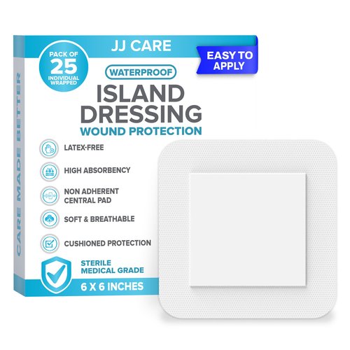 JJ CARE Waterproof Adhesive Island Dressing [Pack of 25], 6” x 6” Sterile Bordered Gauze, Breathable Island Wound Dressing, Individually Wrapped Adhesive Gauze Bandages with Non-Stick Central Pad