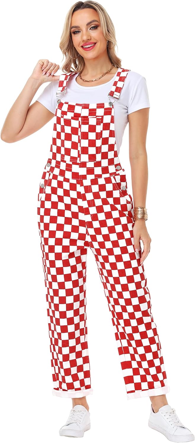 Skiennix Women's Checkered Denim Overalls - Stretchy Cotton Jumpsuit for Comfort & Style