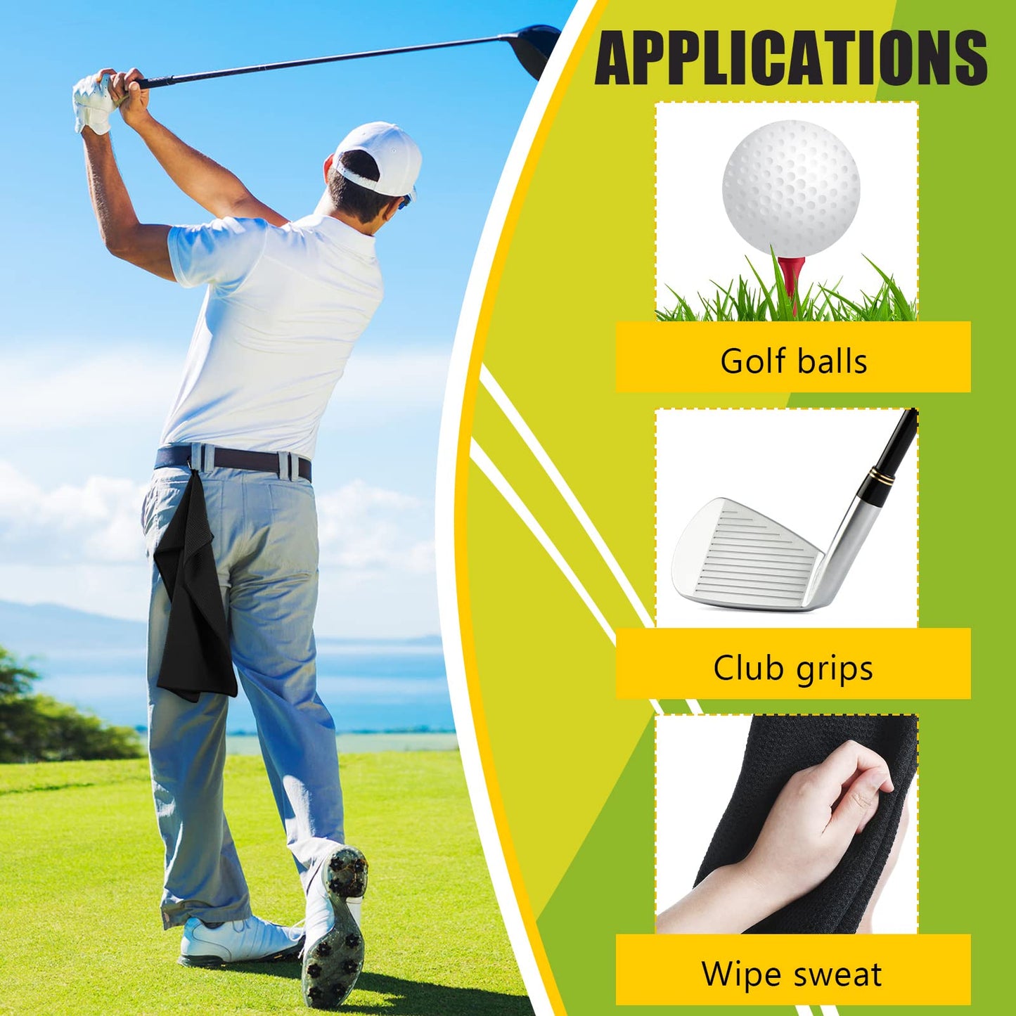 Meanplan 12 Pcs Microfiber Fabric Golf Towel 16 x 23 Inch Tri Fold Towels for Golf Bags with Heavy Duty Clip Waffle Pattern Towel for Men Women Club Gifts(Black)