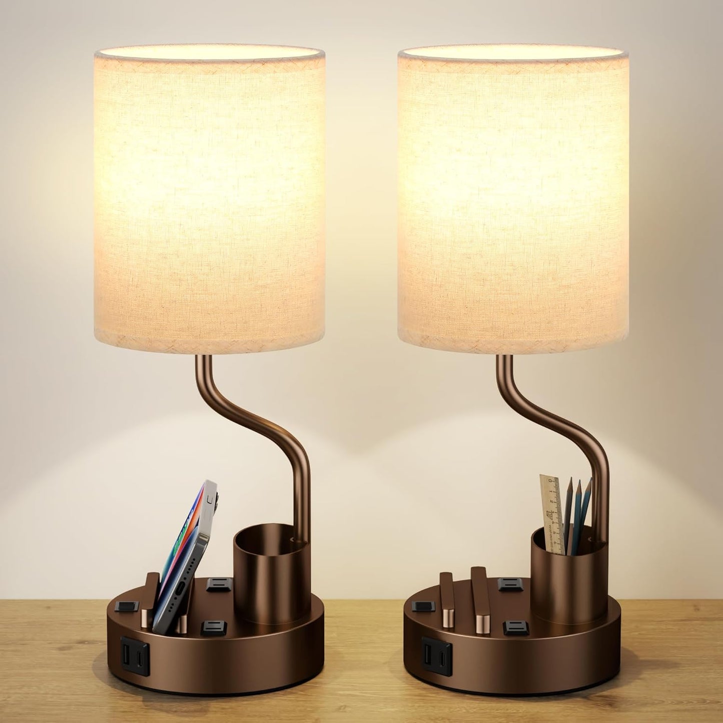 Set of 2 Bedside Table Lamps with USB & AC Outlet - 3 Color Temperatures, Desk Light & Phone Stand for Bedroom, Living Room, Office
