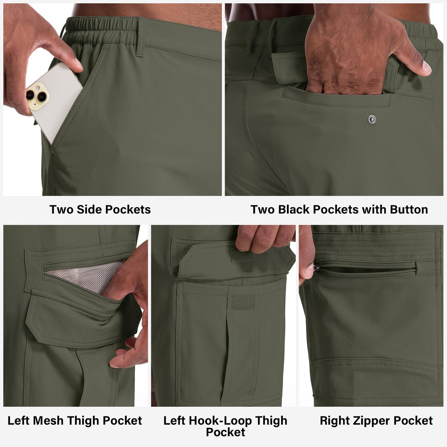 Jessie Kidden Mens Outdoor Casual Expandable Waist Lightweight Water Resistant Quick Dry Fishing Hiking Shorts #6222-Army Green,29