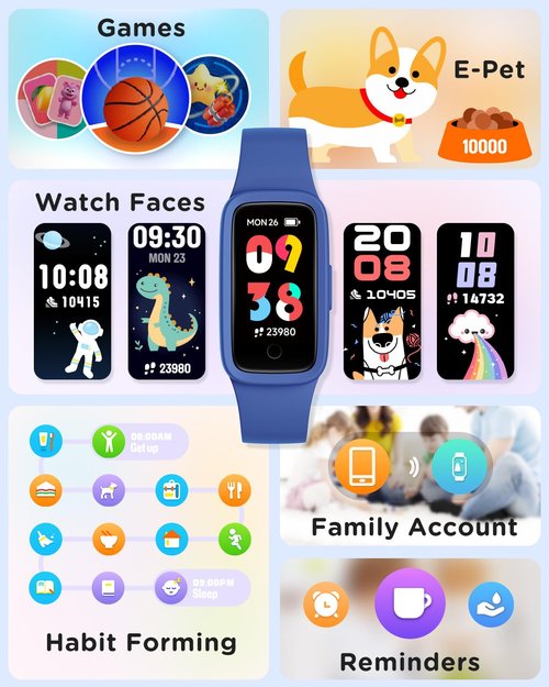BIGGERFIVE Vigor 3 Kids Fitness Tracker Watch, AMOLED Screen, No App No Phone Needed, 3ATM Waterproof, Heart Rate and Sleep Monitor, Pedometer Watch, Sports Step Counter for Boys Girls Ages 5-15, Blue