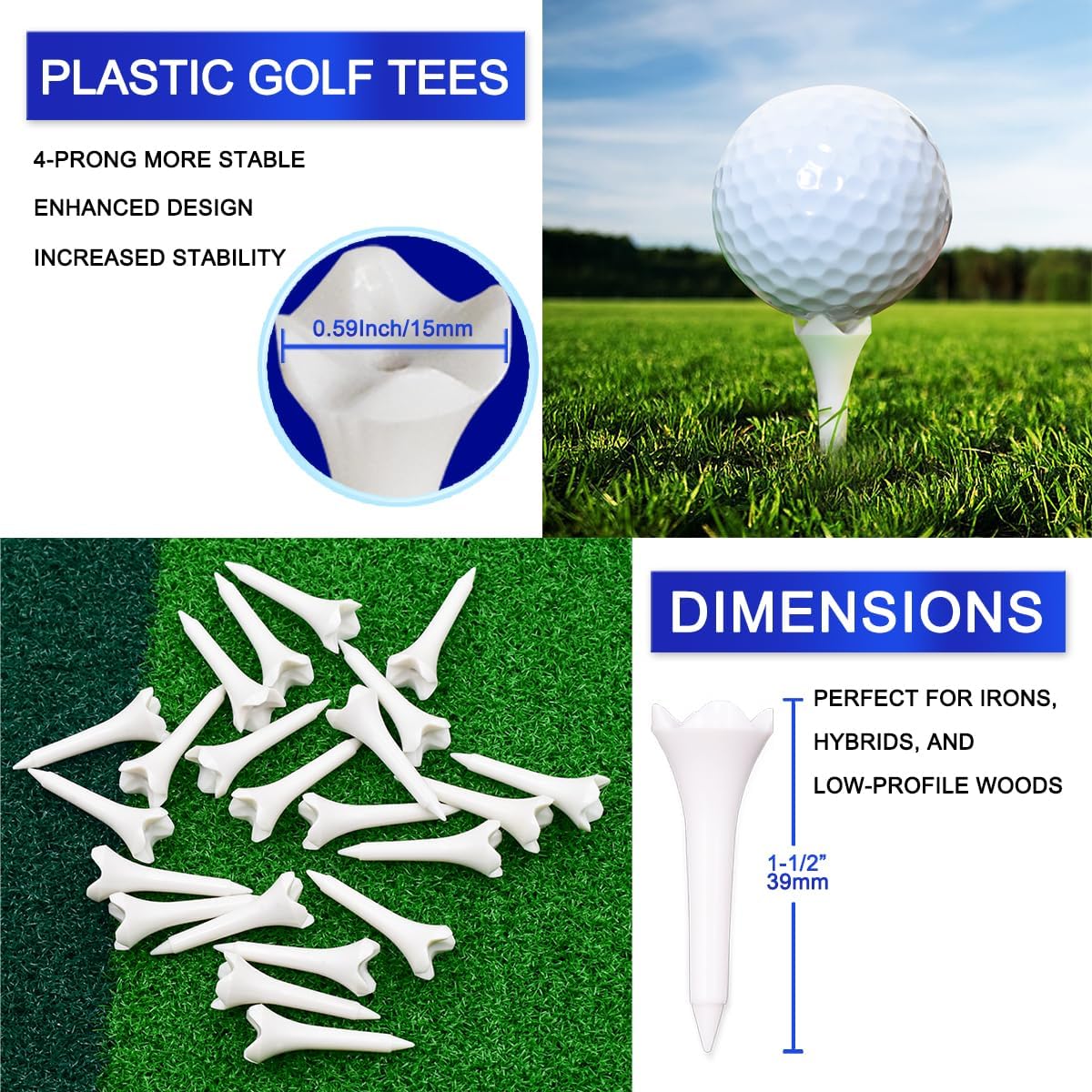 Performance Series Golf Tees by [Brand Name] - 1.5'' Short Plastic Tees for Irons & Hybrids | Pack of 120 White