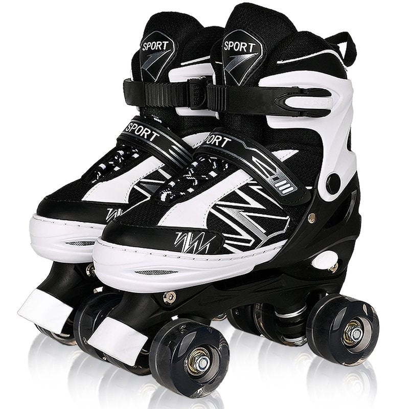 SYXKJ Boys Girls 4 Size Adjustable Kids Roller Skates for Children Toddlers Beginner with All Light Up Wheels, Birthday Gift for Outdoor Indoor Sports (Black White, Large)
